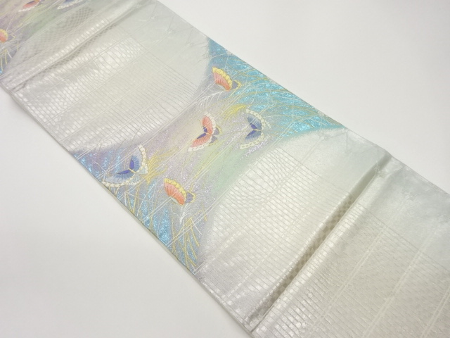 縞に蝶模様織出し袋帯